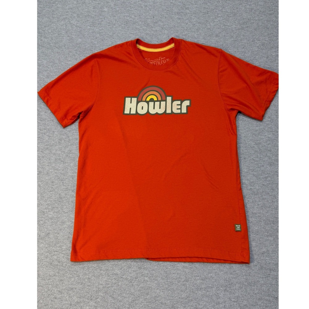 Howler Bros Mens Medium Orange Graphic T-Shirt Retro Rainbow Heed The Call Tee